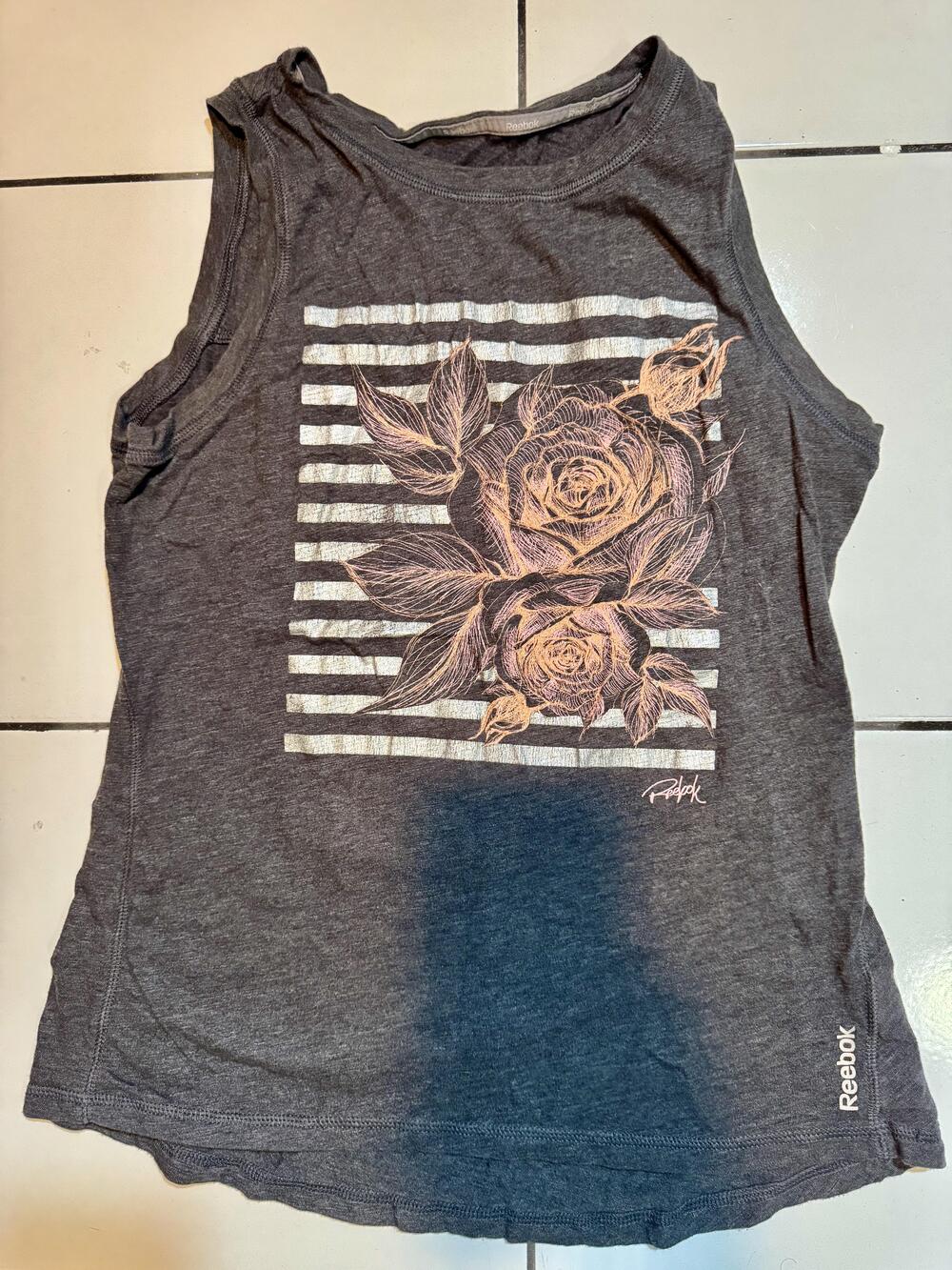 Reebok Tank Top Womens Medium Gray Floral Graphic Sleeveless Workout Shirt